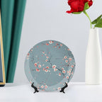 Japanese Spring Theme Decorative Ceramic Plate Round Porcelain Plate,Sakura Tree Branches Pattern,for Decorative Ornaments Giving Plates, 1 Plate with 1 Display Stand,Blue Pink,7 inch