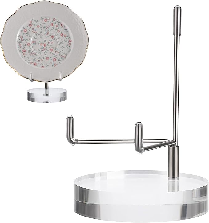 Hipiwe Clear Acrylic Display Stand Holder with Adjustable Metal Arms Display Easel Stands for Gemstones Fossils Minerals Agate Slabs Plates Crystals Saucers Collectibles, 2.8*2.8*4.1 inch