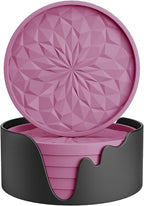 ME.FAN Silicone Coasters with Holder,[6 Pack] Drinking Coasters - Cup Mat for Hot or Cold Drinks, Thickened, Non-Slip, Non-stick,Deep Tray Dusty Rose
