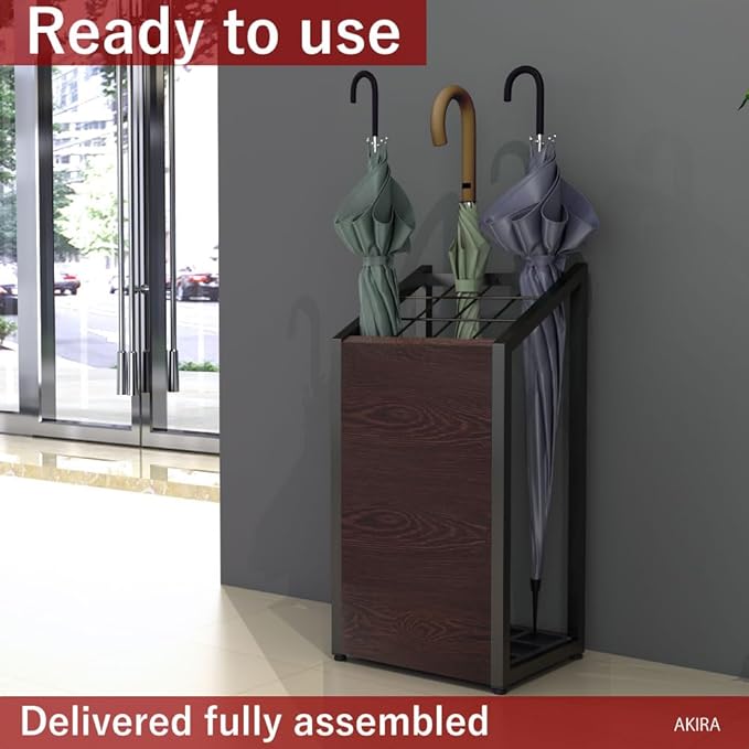 AKIRA Mid-Size Umbrella Stand for 12-Umbrellas Modern Brown Wood Grain & Black Metal Entryway Organizer Rack Holder for Office or Lobby, Model US-US-0325-BKDB