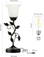Set of 2 Touch Bedside Vintage Lamps with 2 USB C+A | 3-Way Dimmable Flower Lamps, White Glass Shade Rustic Leaf Lamp for Bedroom Side Table, LED Bulb Included