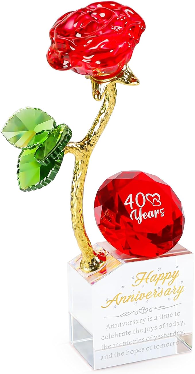YWHL 40th Wedding Anniversary Rose Gifts for Parents, 40 Years Happy Anniversary Ruby Wedding Gift for Couples, Crystal Rose Figurine with Red Diamond, Romantic Valentines Day Present for Wife