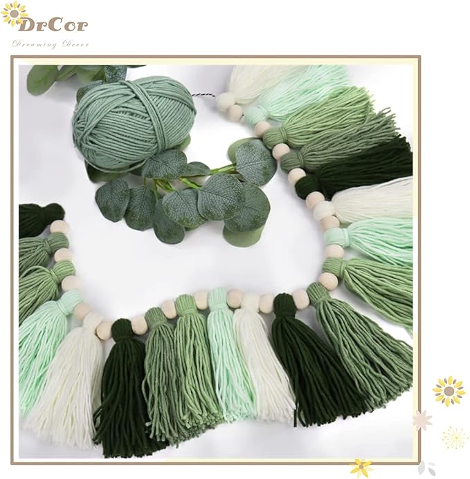 DrCor Sage Green Tassel Garland – Woodland Classroom Decor for Back to School Bulletin Board, Reading Corner, Nursery, Kids Room, Baby Shower, Dorm Room & Teacher Classroom Decorations