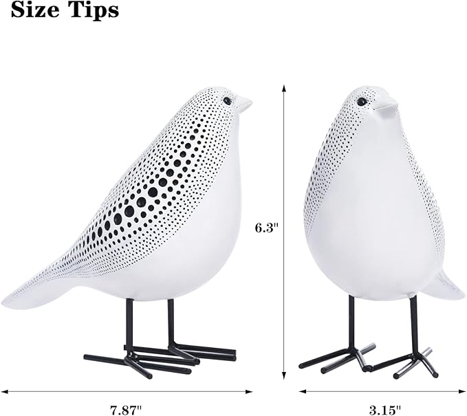 Quoowiit Bird Figurine, Modern Sculpture and Statues for Home Decor, Animal Statues for Bookshelf, Table, Entryway, Fireplace, Resin Decorative Sculpture with Chic Polka Dots Art Design (White)