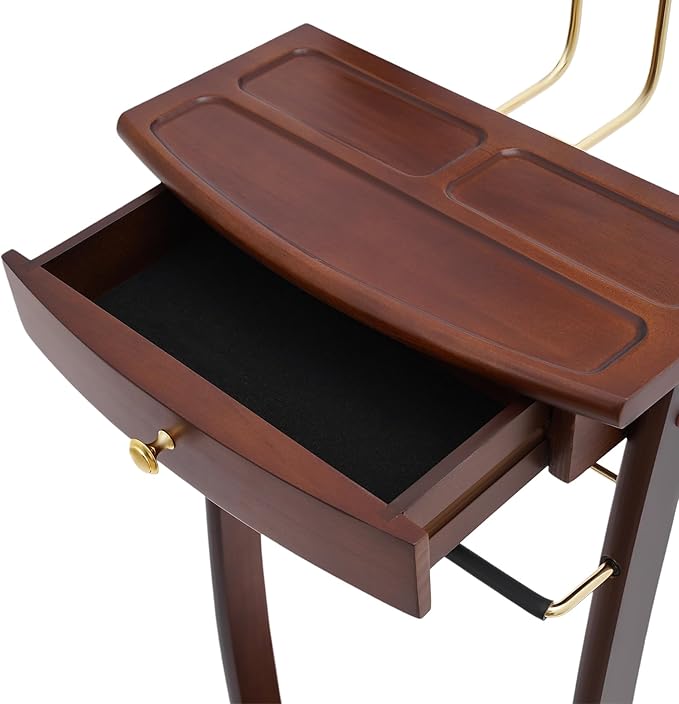 Valet Stand with Drawer and Top Tray, Wood Mens Suit Valet Stand with Wood Base, Freestanding Clothes Valet Stand with Hanger, Storage Organizer for Entryway Office Living Room (A, Walnut Color)