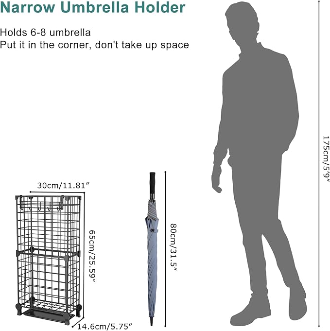 AWTATOS Umbrella Holder Entryway, Umbrella Stand Freestanding, Metal Square Umbrella Rack Organizer with a Removable Drip Tray, Hooks, Black
