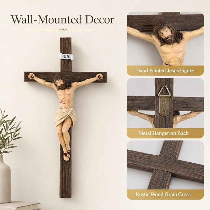 Magicsculp 10.6'' Catholic Crucifix Wall Crosses - Hand Painted Jesus on the Cross, Religious Cross Gifts on Hanging Wall for Church Home Office Baptism Decor