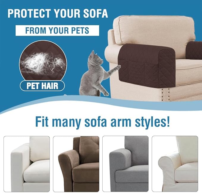 H.VERSAILTEX Couch Arm Covers Water Resistant Armrest Covers for Sofa Remote Control Holder Sofa Armrest Organizer for Magazine, Tablet, Phone, iPad(Set of 2, Brown/Beige)