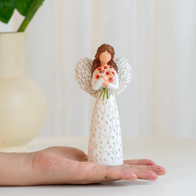 Hand-Painted Angel Figurine with Red Poppy, Remembrance Symbol & Tree of Life Design - Meaningful Gift for Memorial, Hope & Renewal. Angel Statue with Leaf Pattern Dress