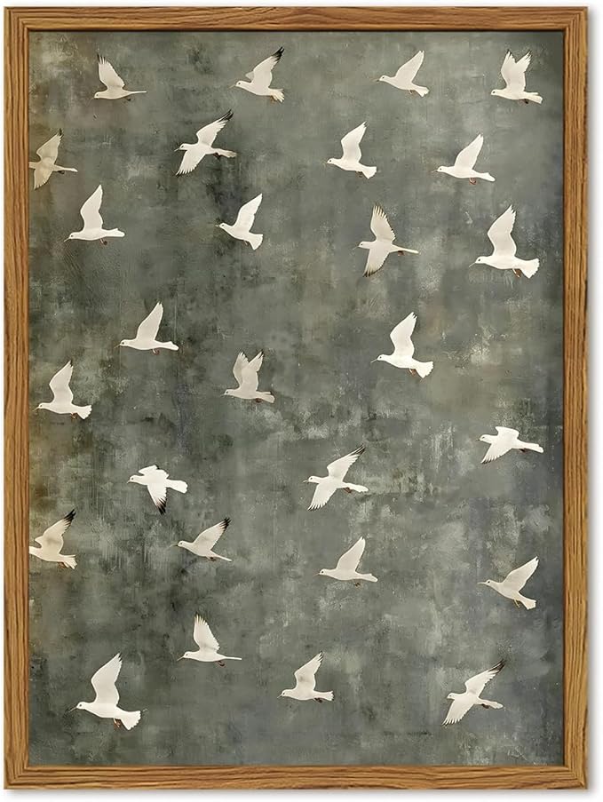 Framed Vintage Flying Bird Canvas Wall Art, Minimalist Abstract Flock of White Birds Pictures Wall Decor, Cottagecore Nature Wildlife Prints Paintings for Living Room Bedroom Home Office 16x24 inch