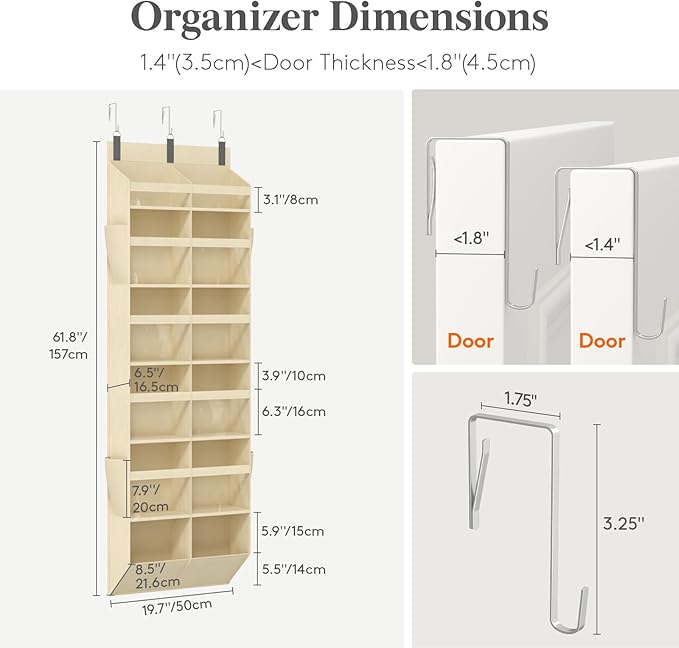 Lifewit 1 Pack Over the Door Organizer, Clear Window Hanging Storage with 4 Side Pockets, Anti Tilt 40 lbs Load Behind Door for Pantry, Nursery, Bathroom, Bedroom, Dorm, 12 Section, Beige