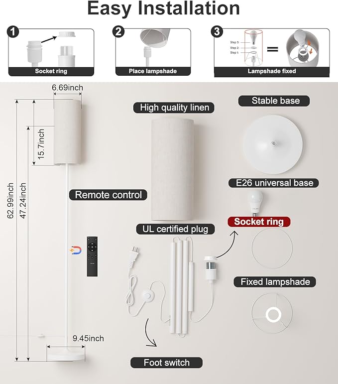 luckystyle LED Floor Lamp for Living Room, Dimmable Standing Lamps with Foot Switch,Remote Custom Color Temperature White Pole Lamp with Lampshade,12W Led Bulb Tall Lamps for Bedroom Office Kid Room