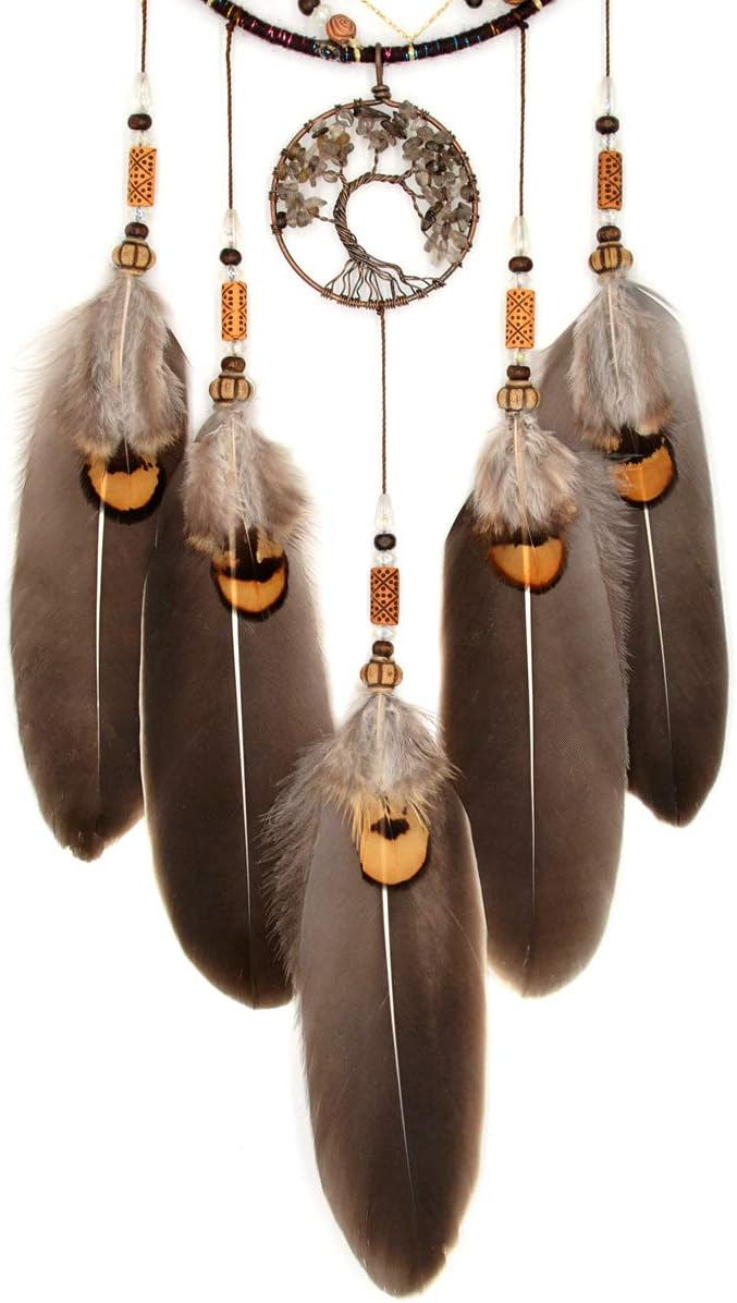 Urdeoms Tree of Life Crystal Dream Catchers for Boys Brown Boho Dream Catcher Wall Decor for Bedroom Adult Smoky Quartz Hanging Decor for Dorm Living Room(NO.10)