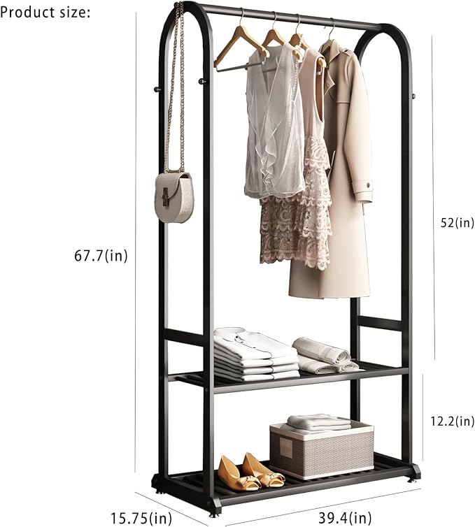 Freestanding Clothing Rack,Metal Garment Rack with Bottom Shelves and 6 Side Hooks,Black Sturdy clothes racks for hanging clothes,Modern Wardrobe Organizer for Bedroom or Closet (L:39.4)