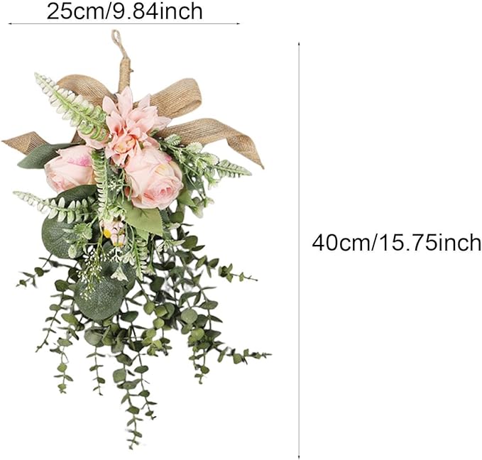 Artificial Floral Wreath Teardrop Swag Silk Flower Hanging Garland Decorative Ornament Versatile for Entryway Wedding Party Home Decoration Sui, Pink