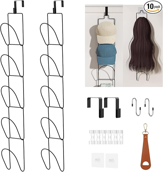 10Pack Over The Door Hat Organizer for baseball caps | Multi-Functional Baseball Hat Rack for Closet | Wall Mounted Hat s torage organizer | 5 types of accessories cap holder stand w hooks ,Black
