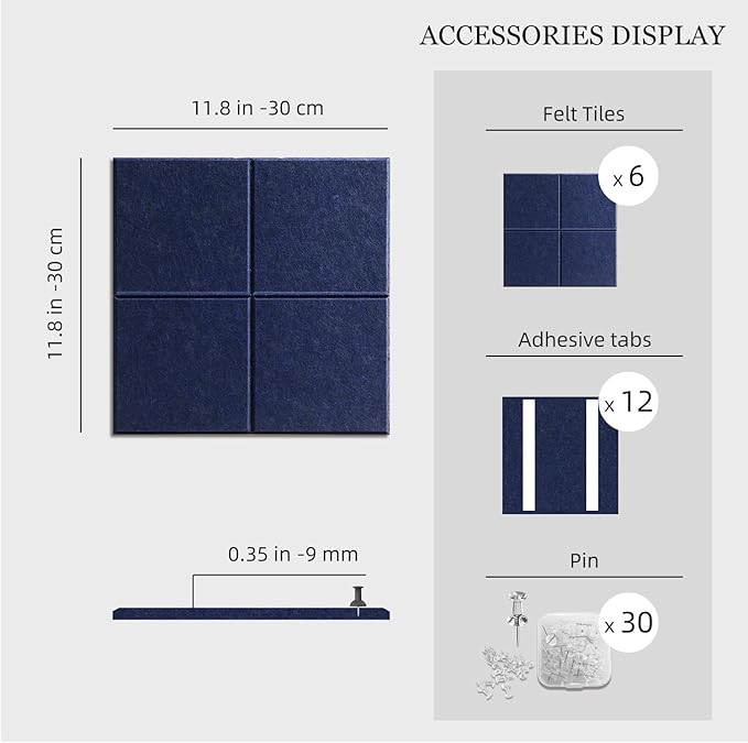 Large Felt Cork Board Alternative - 36" x 24" Bulletin Board with 30 Pushpins, 6 Pack Adhesive Cork Board, Sound Absorbing Fabric Wall Tiles, for Office Home Music Class, Dark Blue