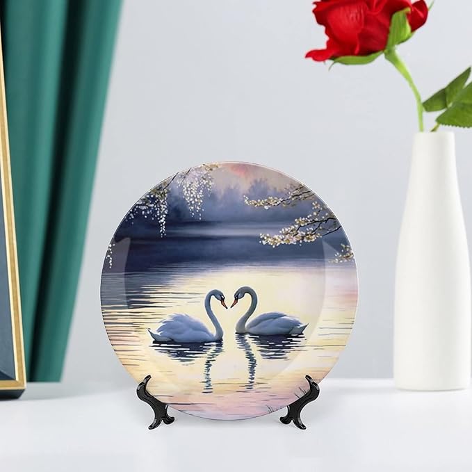 Decorative Plates for Home, Sunset Couple Swans Lake With Tree Painting Tray for Table Display, Ceramic Dinner Plate W/Stand, Living Room Dining Room, Housewarming Gifts, 7 Inch