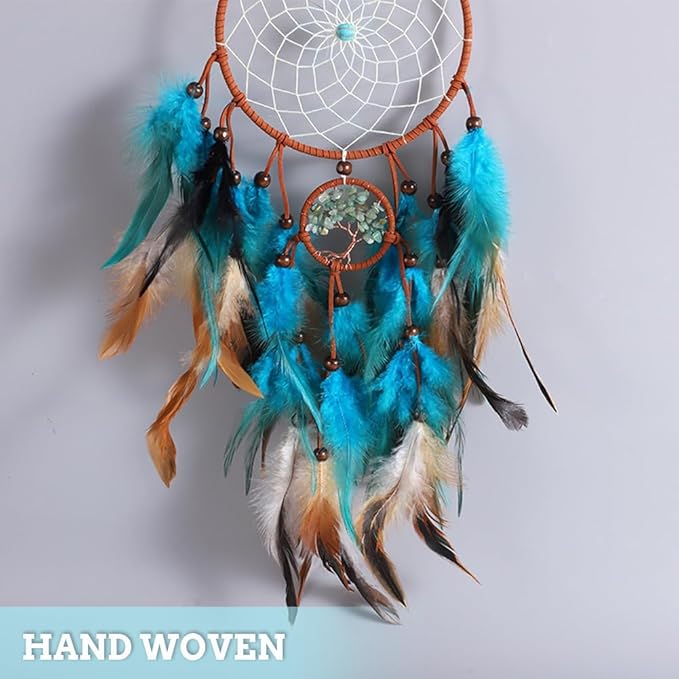 Dream Catcher, Blue Tree of Life with Feathers Dreamcatcher Wall Decor Indians Traditional Circular Net Hanging Decor for Home, Bedroom(Blue)