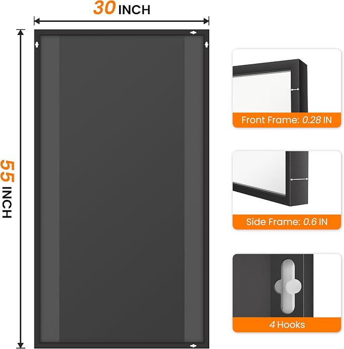 TRAHOME Bathroom Vanity Mirror for Wall, 55" x 30" Metal Framed Rectangular Bathroom Wall Mirror for Over Sink, HD Shatterproof Glass, Hangs Horizontally or Vertically(Black)