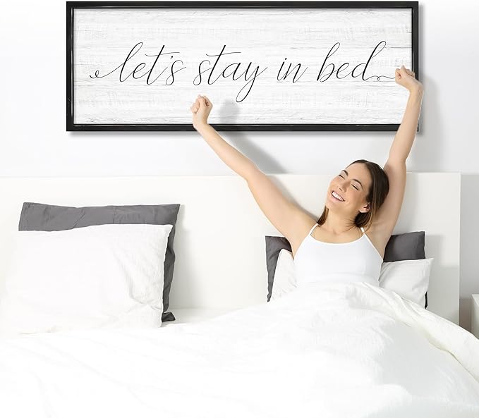 Lets Stay in Bed Wall Decor Above Bed 41.3''×15'' Large Farmhouse Wall Decor for Bedroom Guest Room Decor Framed Wood Wall Art Rustic Master Bedroom Wall Decoration (black frame)