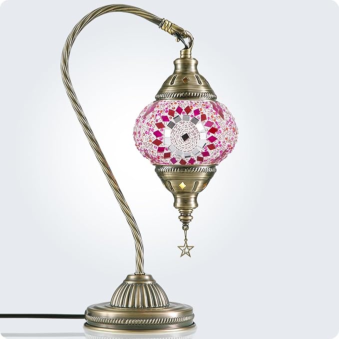 Yarra-Decor Turkish Moroccan Lamp with Bronze Base 3 Color Options Handmade Swan Neck Tiffany Mosaic Glass Bedside Lamps for Bedroom (LED Bulb Included) (3)