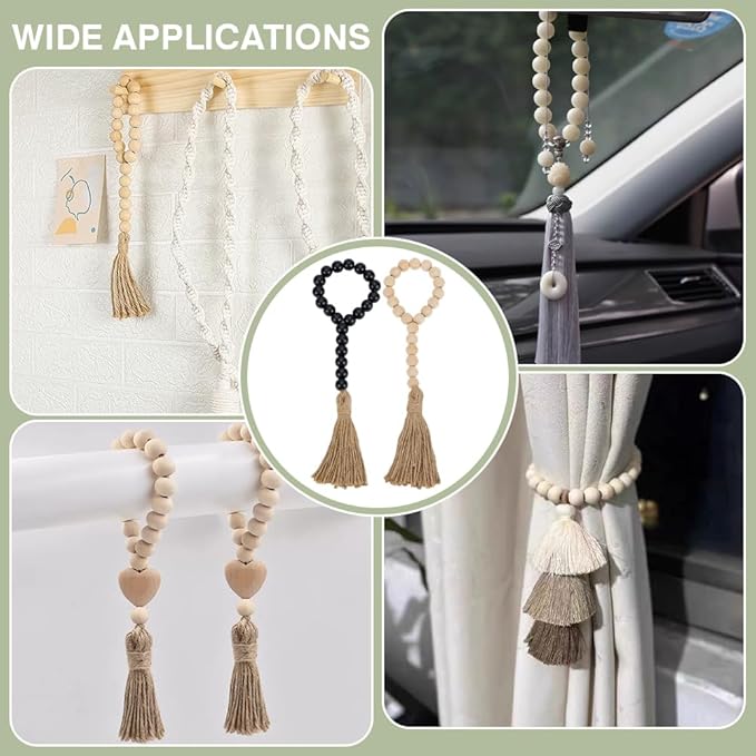 PH PandaHall 4pcs Wood Bead Garlands 12.6 Inch Decorative Wooden Hanging Bead Garland with Tassels for Vase Door Knob Hanging Ornaments Farmhouse Dector, Black/Natural Wood