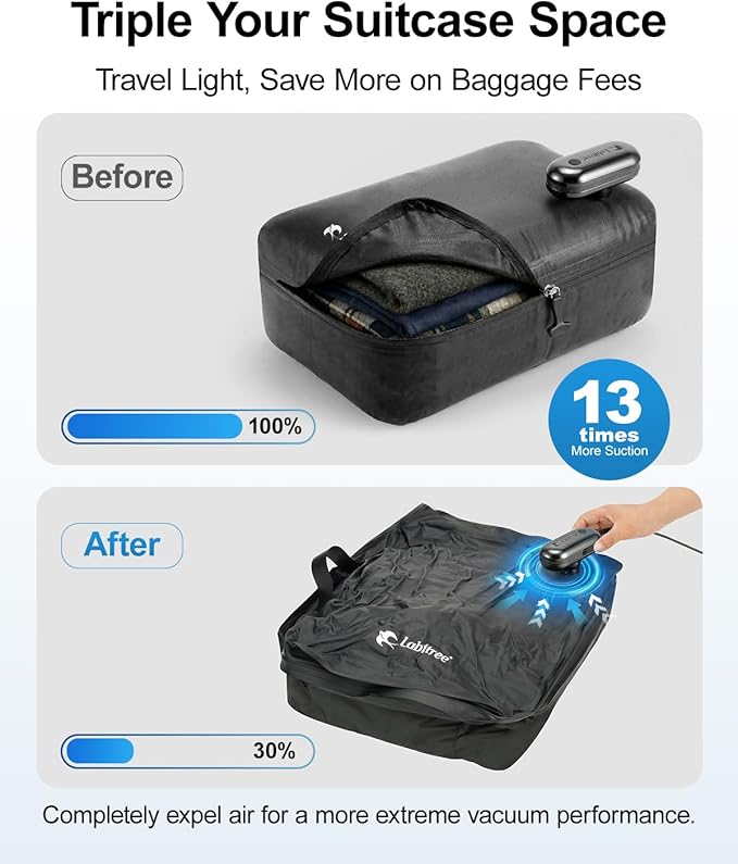 1-Pack Vacuum Seal Bags for Clothing Travel with Portable USB-Powered Pump, Triple Your Space, Reusable Space Saver Compression Bags for 27"- 32" Luggage Suitcase & Home Storage (Large)