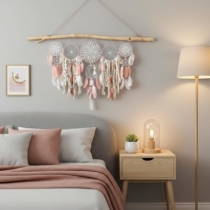 5 Pack Dream Catchers Moon Phase Boho Wall Decor Feather Handmade Traditional Macrame Wall Hanging Dream Catcher for Home, Bedroom, Living Room, Witchy Gifts (Pink Set)