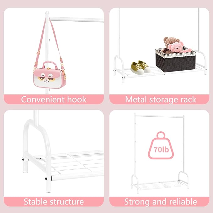 Kids Clothing Rack, Small Clothes Shelf with Metal Storage Shelf, Kids Dress Up Storage Rack, (White)
