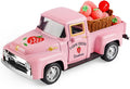 Strawberry Truck Decor, Pink Pickup Truck with Fake Strawberries, Rustic Farmhouse Tiered Tray Decor, Spring Country Kitchen Decorations for Home Office