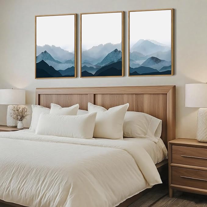 BINCUE Framed Blue Mountain Wall Decor Fog Blue Ridge Mountains Wall Art Minimalist Landscape Artwork Simple Blue Pictures Modern Mountain Wall Paintings for Living Room Bedroom Office 16x24 Inches Set of 3 Gift