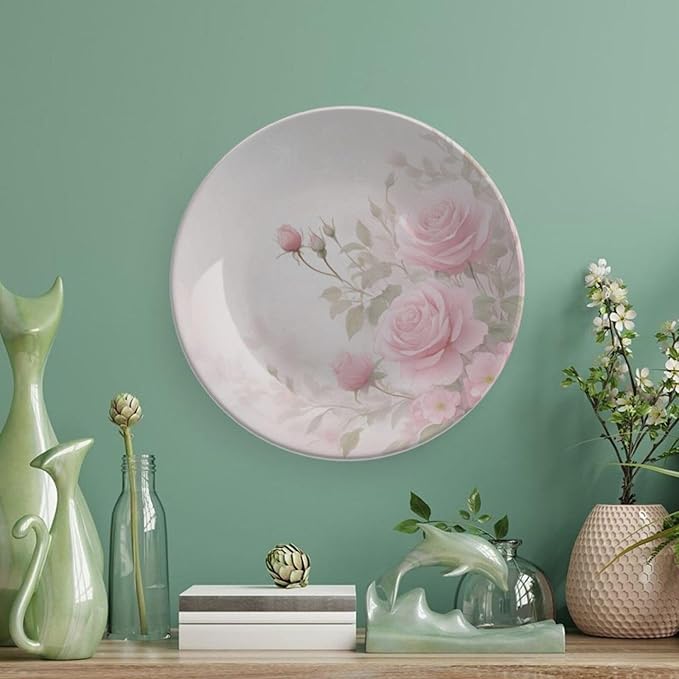 Rose Theme Decorative Ceramic Plate Round Porcelain Plate,7 inch,Floral Watercolor Pattern,for Decorative Ornaments Giving Plates,1 Plate with 1 Display Stand,Green Pink