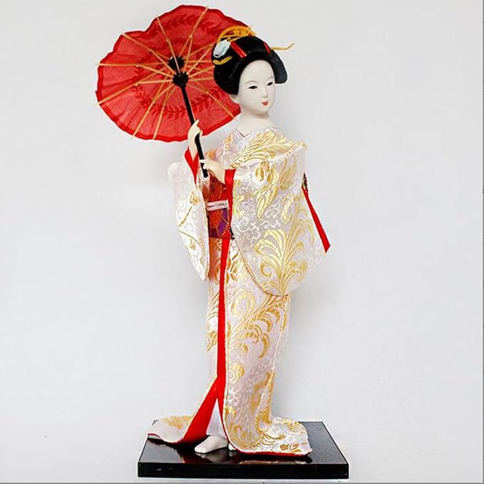12inch Japanese Geisha Ethnic Japanese Geisha Dolls Oriental Ancient Kabuki Girl Statue Kimono Dolls for Tabletop Home Decor, White and Gold