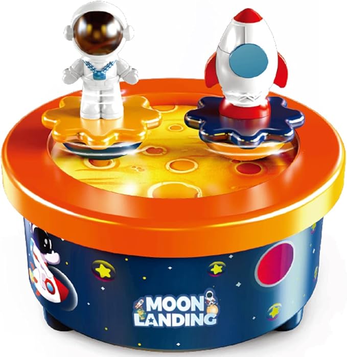 Moon Landing Music Box with Astronaut & Rocket Figures – Wind-Up Musical Space Toy Plays “Fly Me to the Moon” – Spinning Cake Topper Decoration – 4+ Minute Playtime – Birthday Gift for Kids & Adults
