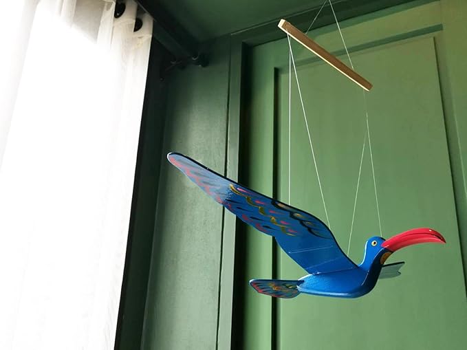 WitnyStore Wooden Bird Mobile 24" Blue Long Red Beak Hand Made Painted Wood Flapping Wing Birds Hanging Ceiling Decor Wind Chimes Handcrafted Art Animal Decorative Collectibles Décor Gifts Souvenirs