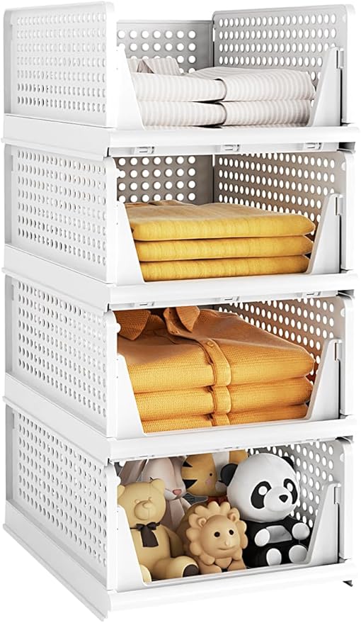 4 Pack Closet Organizer System, Stackable Plastic Clothes Storage Basket, Stackable, Foldable Organizers for Wardrobe Clothes Organizer Suitable for Bedrooms Bathrooms Kitchen Living Rooms Office Dorm