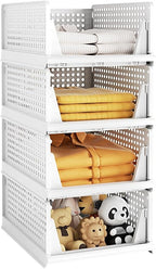 4 Pack Closet Organizer System, Stackable Plastic Clothes Storage Basket, Stackable, Foldable Organizers for Wardrobe Clothes Organizer Suitable for Bedrooms Bathrooms Kitchen Living Rooms Office Dorm