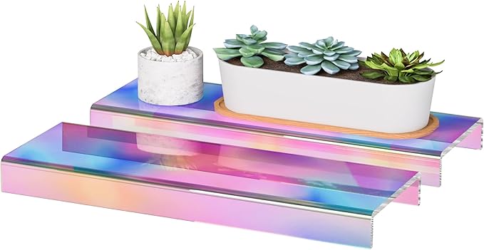 Sezanrpt Acrylic Shelf Riser 12x3.9x1 pack of 2, Iridescent Display Shelf 12” for Shoes, Glasses, Plants, Home Decors, Perfume, 12x3.9x1 Inch