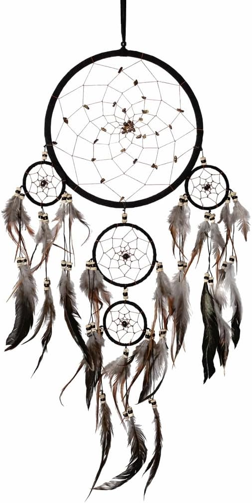 OMA Black Dream Catcher Wall Hanging with Tiger Eye Stones and Feathers, Black Suede Traditional Dream Catcher Boho Home Decor Bedroom Decoration Gift Large Size - 28" Long x 9" Diameter