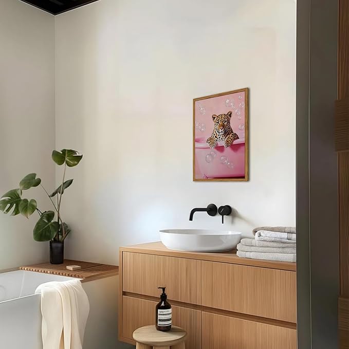 Funny Cheetah Bathroom Wall Art, Pink Leopard in Bathtub Wall Decor Paintings, Cute Animal Bathroom Poster Canvas Prints Maximalist Dopamine Girl Washroom Artwork 16x24 inch Framed