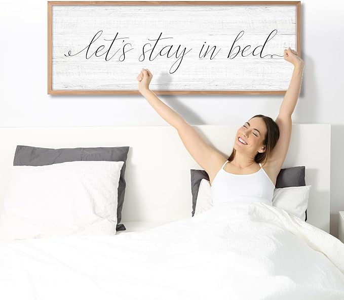 Lets Stay in Bed Wall Decor Above Bed 41.3''×15'' Large Farmhouse Wall Decor for Bedroom Guest Room Decor Framed Wood Wall Art Rustic Master Bedroom Wall Decoration (brown frame)