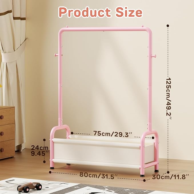 Kids Clothing Rack with Storage Shelf, Kids Dress Up Storage for Coats, Small Baby Garment Rack for Hanging Clothes, Toddler Wardrobe Closet Organizer (Classic, Pink)