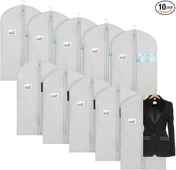 Univivi 10 Pack Suit Bags Garment Bag for Men Storage 40 inch Clothes Cover with Clear Window and ID Card Holder for Suit Jacket,Skirt, Shirt and Coat - Grey