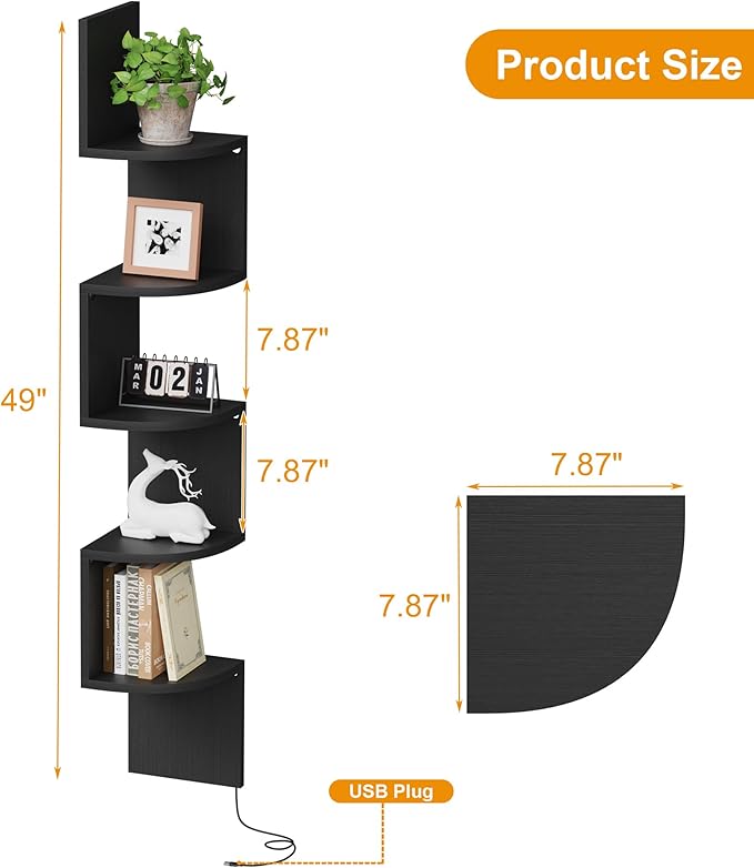 Qupui 5-Tier Corner Shelf with LED Lights, 49 Inch Floating Wall Mounted Corner Shelf for Bedroom Living Room Bathroom, Black Corner Bookshelf Display Stand with RGB Lighting