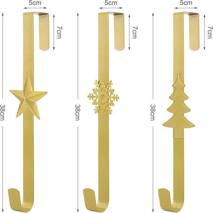 Wreath Hangers for Front Door,15" Sturdy Metal Wreath Doors Hangers,Over The Door Hooks for Front Porch Decor,Garland Hooks Holders for Halloween Christmas Decorations (Gold Christmas Tree, 4 Pack)