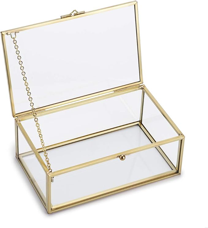 Hipiwe Vintage Glass Keepsake Box, Rectangle Jewelry Display Organize Vanity Lidded Box Home Decor Accent Decorative Box for Storage Trinket Rings Bracelet
