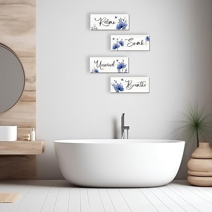 ONIZHITY Set of 4 Blue Bathroom Decor With Navy Blue Flower Wall Decor Inspire Relax Soak Unwind Breathe Rustic Farmhouse Wooden Wall Art for Bedroom Office Living Room Kitchen Decoration(Blue 10x4)