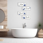ONIZHITY Set of 4 Blue Bathroom Decor With Navy Blue Flower Wall Decor Inspire Relax Soak Unwind Breathe Rustic Farmhouse Wooden Wall Art for Bedroom Office Living Room Kitchen Decoration(Blue 10x4)