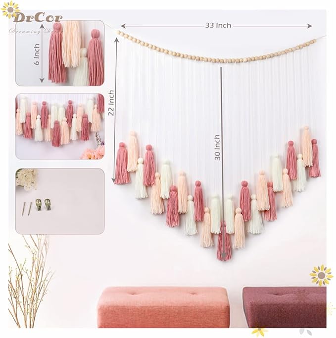 DrCor Blush Pink Boho Macrame Wall Hanging – Handmade Rose Gold Tassel Decor for Nursery, Dorm, Baby Shower, Wedding, Cozy Home or Classroom Display